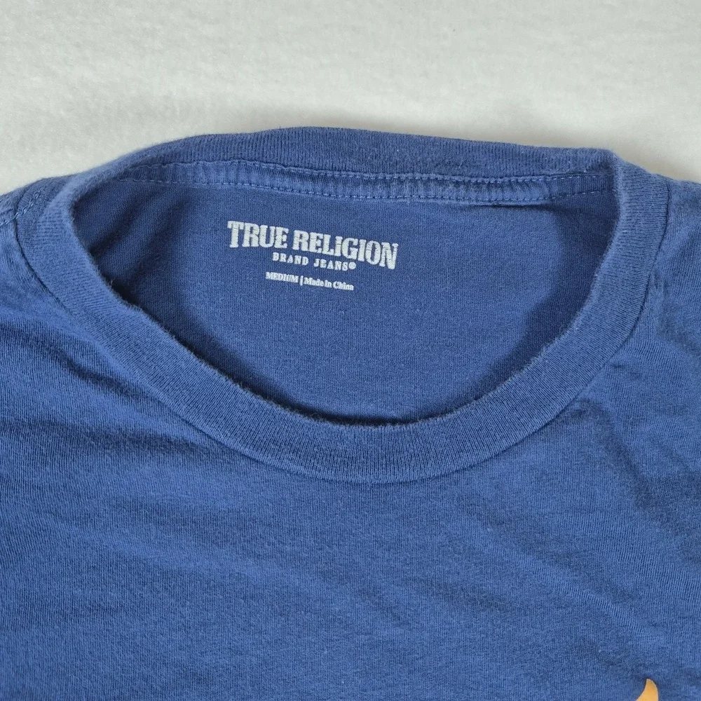 True Religion Brand Jeans T Shirt Men's Medium Blue Orange Buddha Graphic Tee